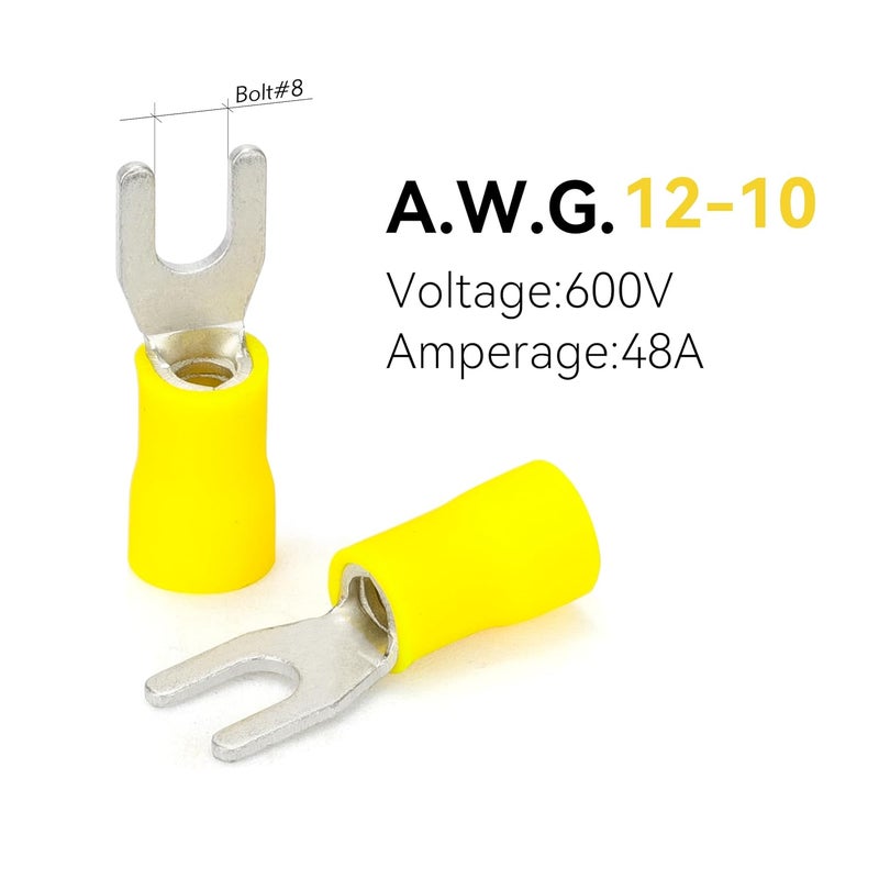HK-S 120PCS Insulated Fork Spade Wire Connectors - Yellow 12-10 AWG M4 Stud Size #8 - Tinned Red Copper - U-Type Electrical Crimp Terminals - Image 5
